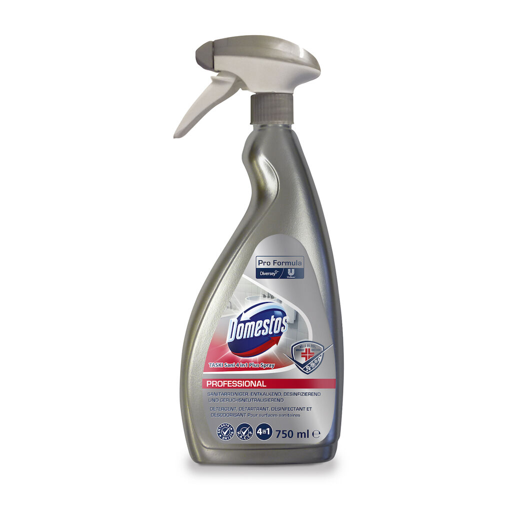 Domestos Pro Formula TASKI Sani 4 in 1 Plus Spray 6x0.75L - Kombinierter Badreiniger, Entkalker, Desinfektionsmittel und Geruchsneutralisierer für alle säure- und wasserbeständigen harten Oberflächen in Sanitärbereichen